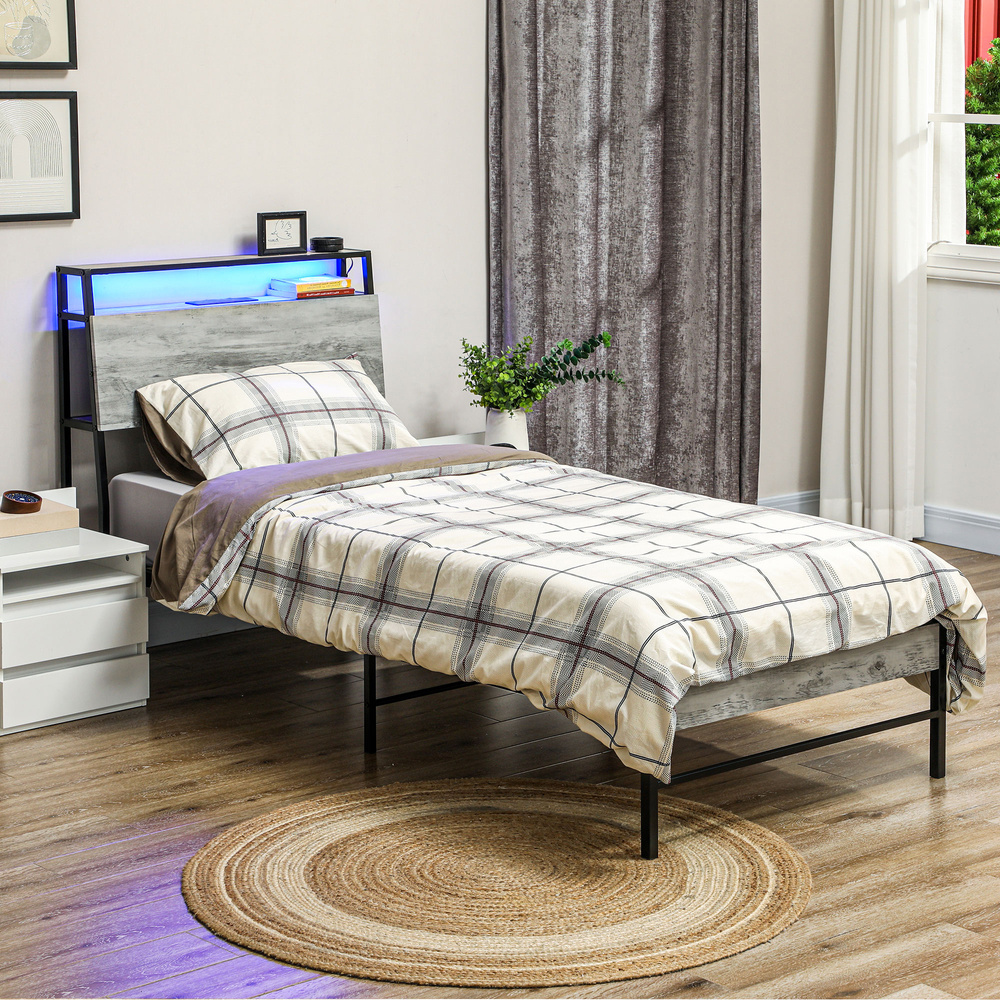HOMCOM Single Steel Bed Frame, with LED Lights and Shelf - Grey