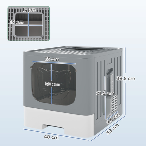 PawHut Foldable Cat Litter Box with Lid, Slide-Out Drawer, Scoop, Easy Clean, Odour Control, Anti-Splashing, Grey