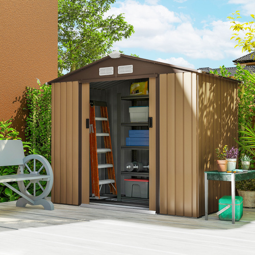 Outsunny 7 x 4ft Lockable Metal Garden Tool Storage Shed, Outdoor Storage Shed with Foundation and vents, Light Brown