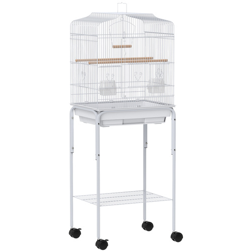 PawHut Bird Cage Budgie Cages for Finch Canary Parakeet with Stand Wheels Slide-out Tray Accessories Storage Shelf, White