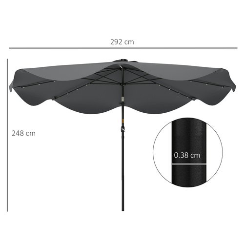 Outsunny Solar Patio Umbrella with LED and Tilt, Outdoor Market Table Umbrella Parasol with Crank, 3 x 3 (m), Dark Grey