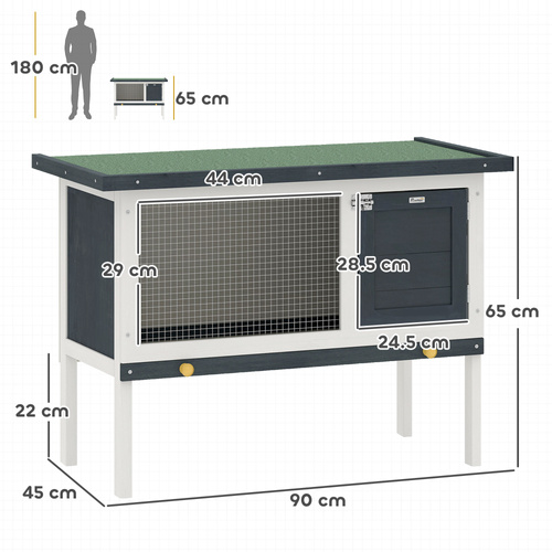 PawHut Wooden Rabbit Hutch Guinea Pig Hutch Bunny Cage Small Animal Habitat Openable Asphalt Roof for Outdoor Use 90 x 45 x 65 cm