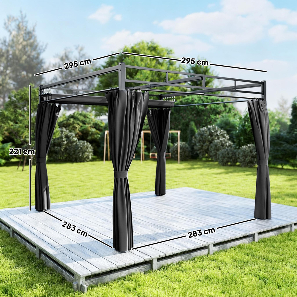 Outsunny 3 x 3 m Pergola with Retractable Roof Canopy and Curtains, UPF30+ Metal Frame Garden Pergola Gazebo Sun Shade, Dark Grey