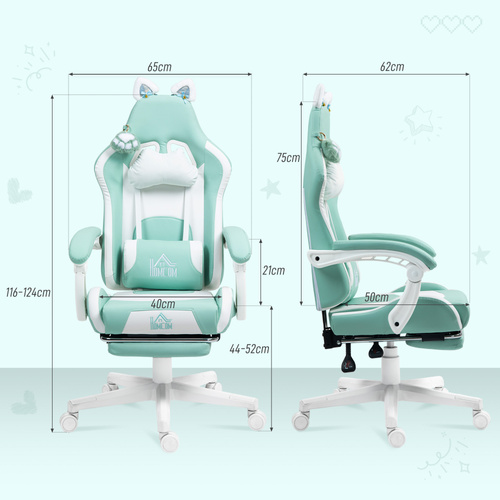 HOMCOM Cat Ear and Paw Reclining Office Chair, with Footrest - Light Blue/White