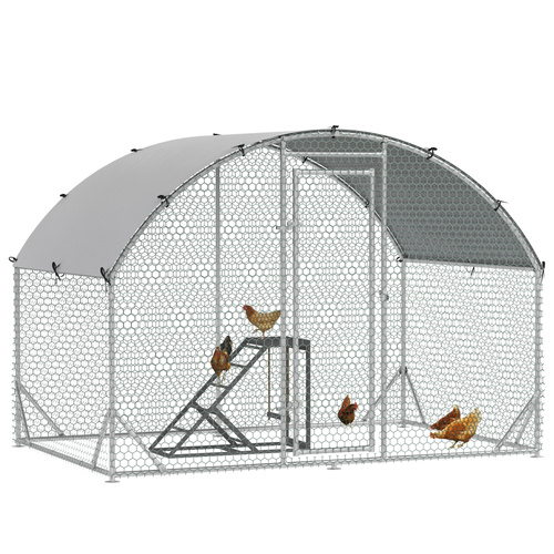 PawHut Walk-In Chicken Run, Metal Chicken Coop with Cover, Outdoor Hen Poultry House Cage with Chicken Activity Shelf, for Chickens, Rabbits, Ducks, 2.8 x 1.9 x 2m