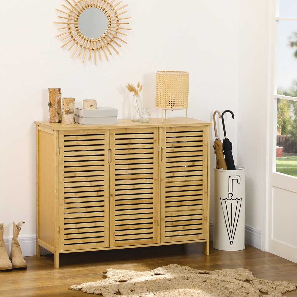 HOMCOM Rustic Shoe Cabinet, 3 Door Shoe Storage Cabinet with 8 Shelves, Natural Wood Finish