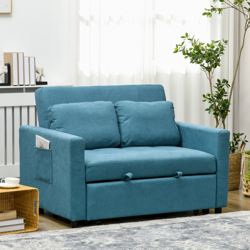 HOMCOM Loveseat Sofa Bed, Convertible Bed Settee with 2 Pillows, Side Pockets, Blue