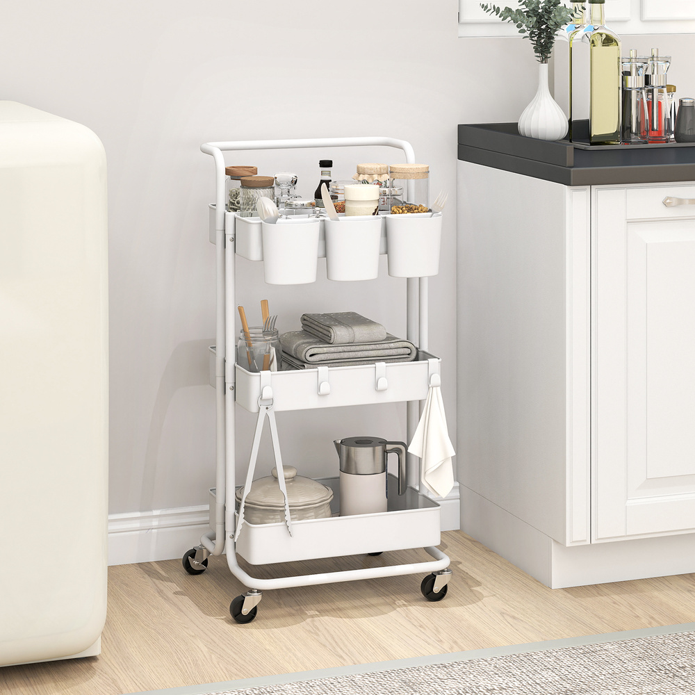 HOMCOM Three-Tier Home Trolley, with Handle and Wheels - White