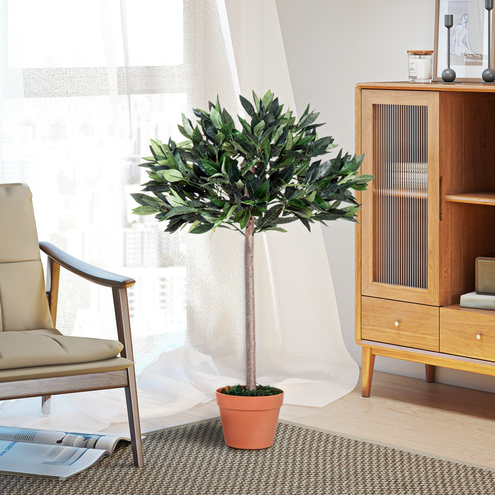 Outsunny 3ft Artificial Laurel Tree Indoor Plant Greenery for Home Office Potted in An Orange Pot