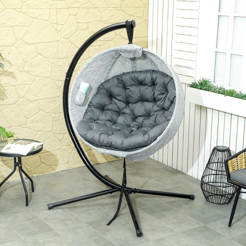 Outsunny Hanging Egg Chair Outdoor Indoor Garden Swing Chair with Folding Basket, Thickened Cushion, Cup Holder for Patio, Balcony, Grey