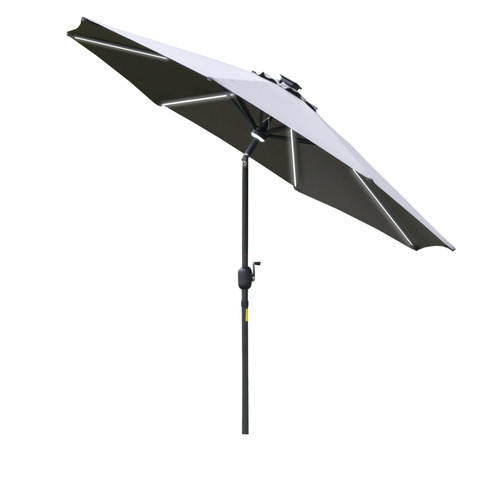 Outsunny 2.7m Garden Parasol Sun Umbrella w/ LED Solar Light Angled Canopy Grey