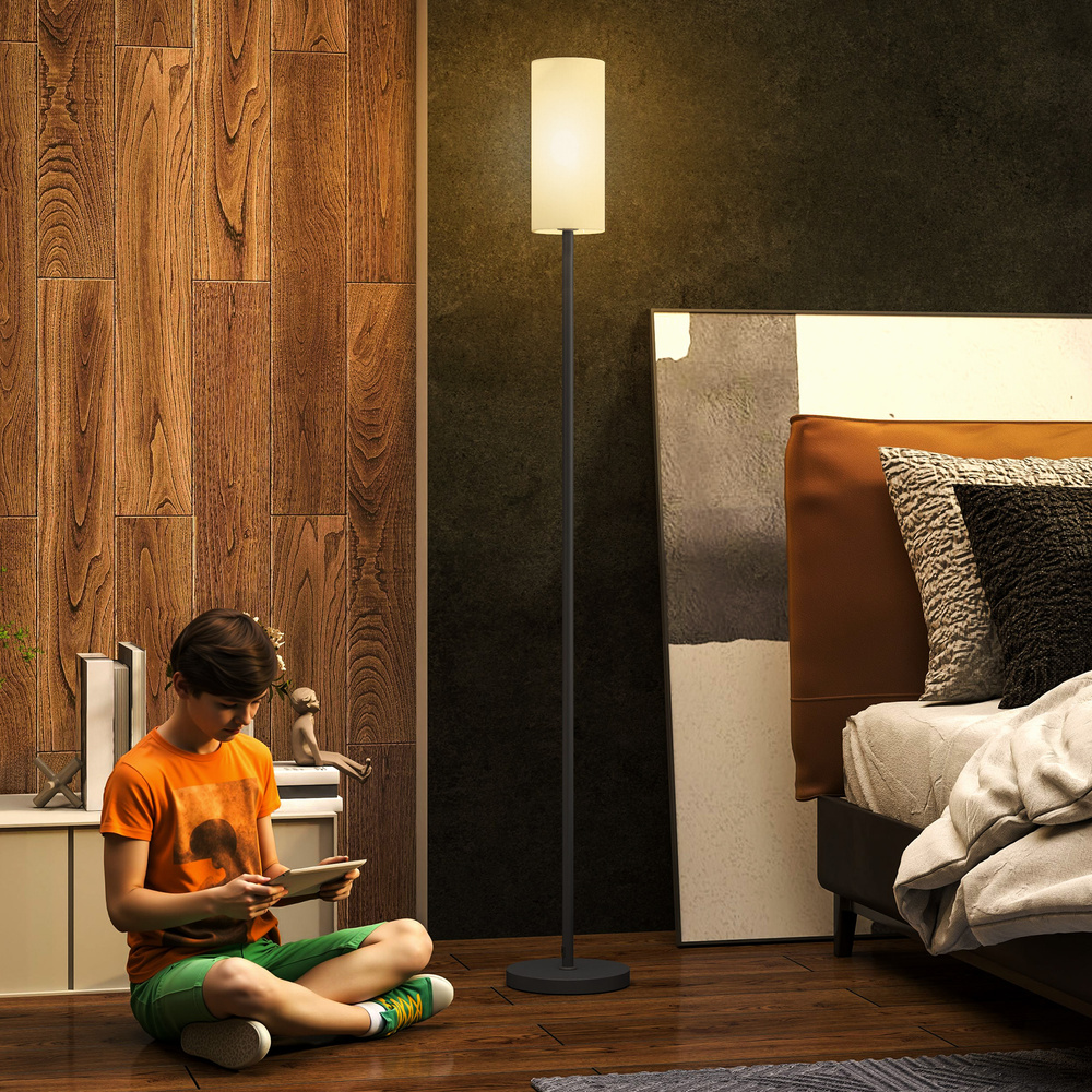 HOMCOM Floor Lamp for Living Room, Modern Standing Lamp with Linen Shade & Foot Switch, Minimalist Tall Pole Lampshade for Bedroom, Office, White