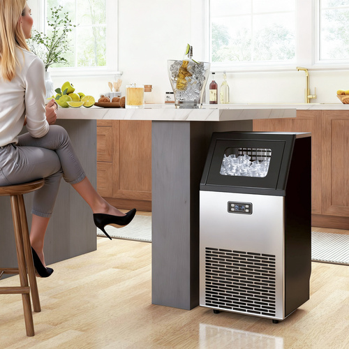 HOMCOM Commercial Ice Maker Machine, Freestanding Stainless Steel Ice Machine with Self-Cleaning, LCD Display, 45kg/24 Hours and 11kg Storage for Home, Office, Bar, Restaurant