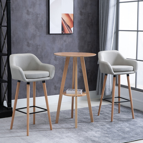 HOMCOM Set of 2 Bar Stools Modern Upholstered Seat Bar Chairs with Metal Frame, Solid Wood Legs Living Room Dining Room Fabric Furniture - Beige