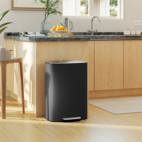 HOMCOM 50L Kitchen Bin with Soft-Close Lid and Stay-Open Function, Stainless Steel Pedal Bin with Removable Inner Bucket, Carry Handle for Kitchen, Office, Home, Black
