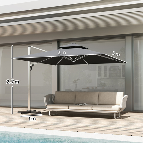Outsunny 3(m) Garden Cantilever Parasol with Solar LED Lights, Cross Base, 360° Rotation, Crank Handle and Tilt, Grey