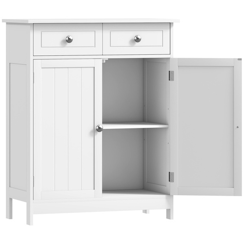 kleankin 75x60cm Freestanding Bathroom Storage Cabinet Unit w/ 2 Drawers Cupboard Adjustable Shelf Metal Handles Traditional Style White