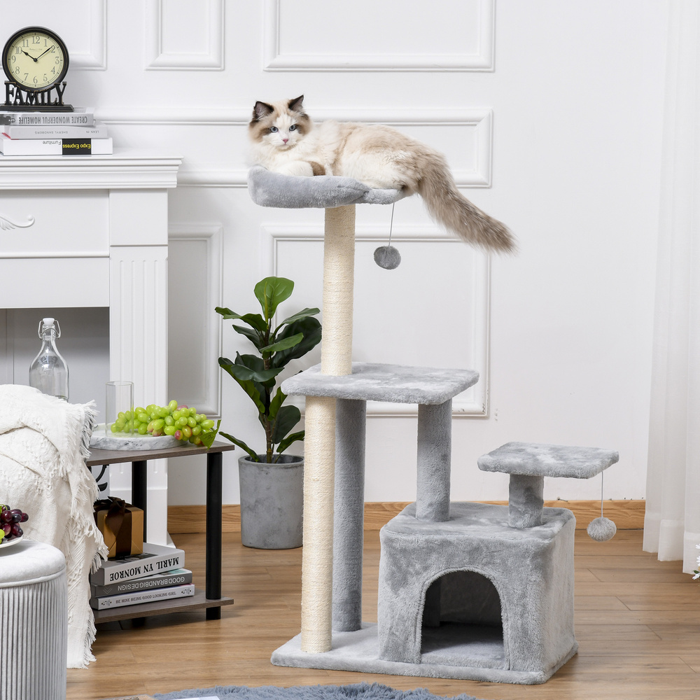 PawHut Cat Tree Tower for Indoor Cats 114cm Climbing Activity Centre Kitten with Sisal Scratching Post Perch Hanging Ball Condo Toy Light Grey