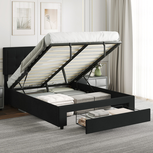 HOMCOM Double Ottoman Bed Frame, with Front Drawer - Black
