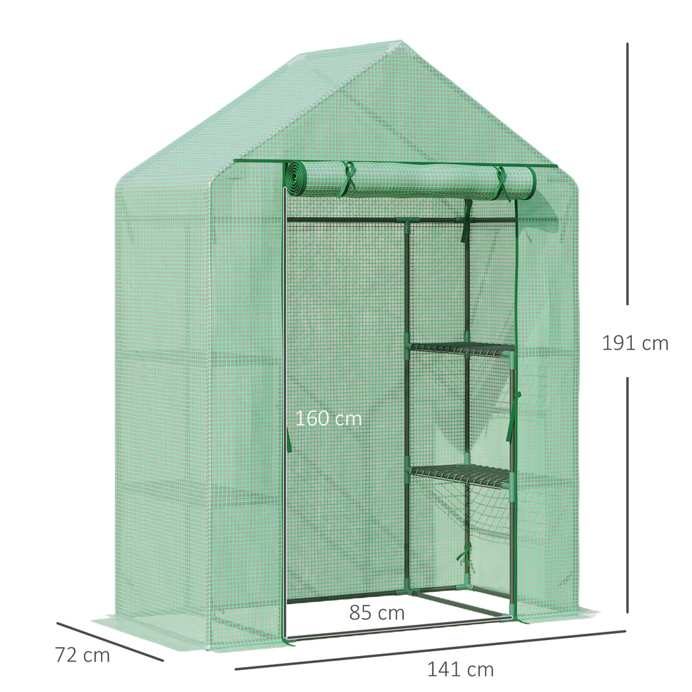 Outsunny Walk In Greenhouse with Shelves, Portable Gardening Plant Grow House for Outdoor with 2 Tier Shelf, Roll-Up Zippered Door, PE Cover, 141 x 72 x 191cm, Green