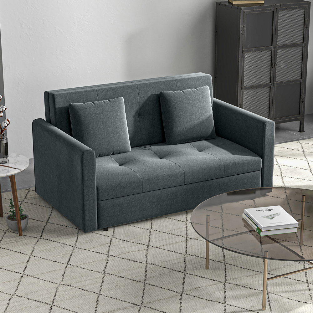 HOMCOM 2 Seater Sofa Bed with Hidden Storage, Pull Out Convertible Bed Settee, Modern Snow Flannel Loveseat Sofa Sleeper with 2 Cushions for Living Room, Guest Room, Dark Grey