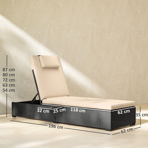 Outsunny Rattan Sun Lounger with 5-Level Reclining Back Side Tray and Cushion, Black