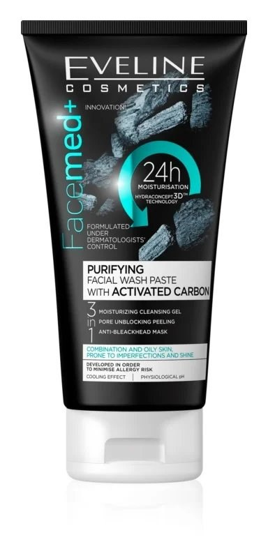 Eveline FaceMed Oczyszczająca Pasta do Mycia Twarzy z Węglem Aktywnym 3w1 dla Skóry Tłustej i Mieszanej 150ml