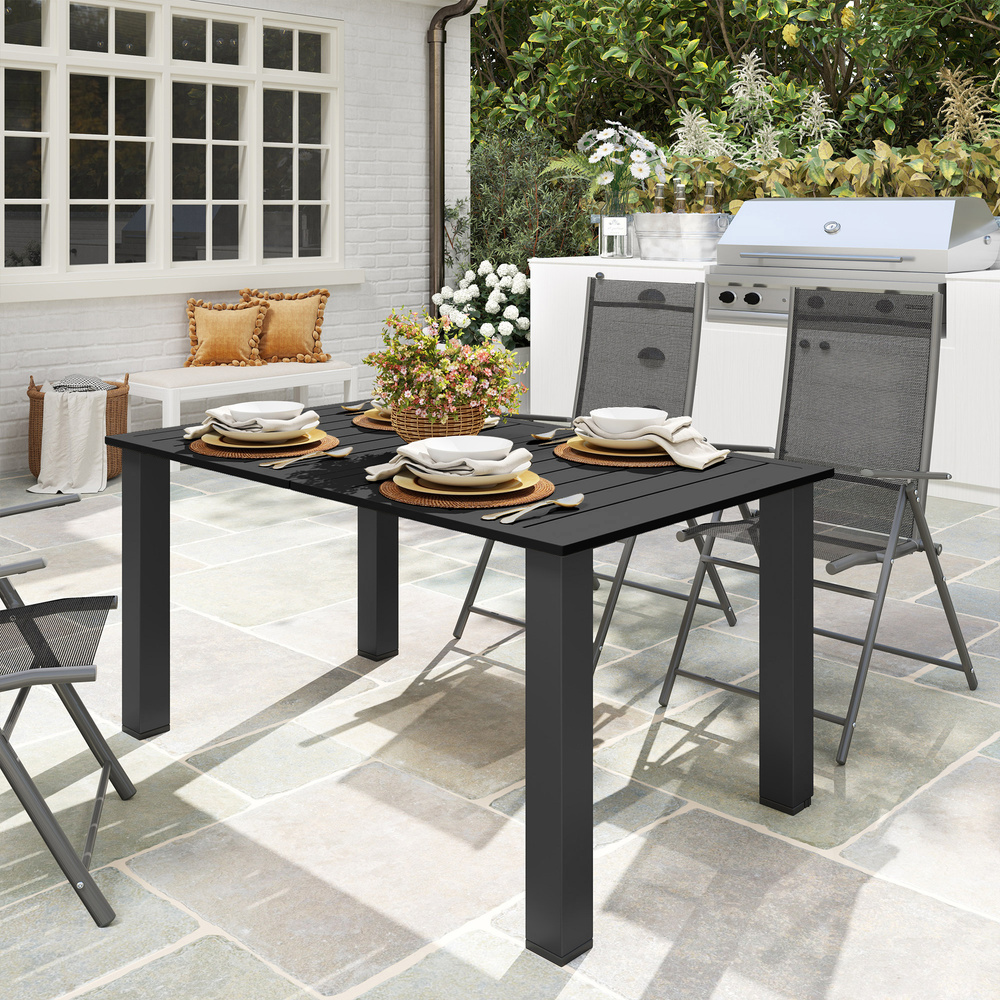 Outsunny Garden Dining Table for 6 with Parasol Hole, Rectangle Outdoor Garden Table with Slatted Metal Top, Steel Frame, Black
