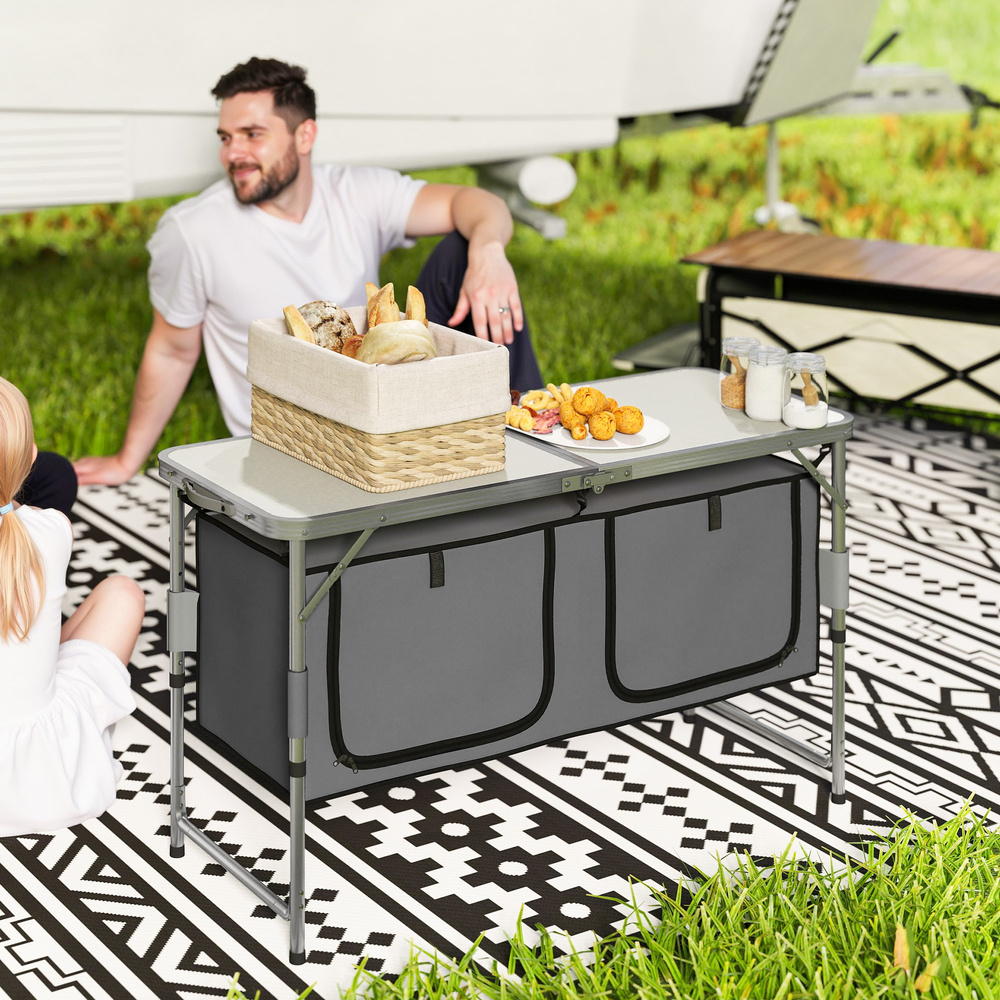 Outsunny 4ft Folding Camping Cupboard Kitchen, Height Adjustable Aluminium Camping Table with Storage, Lightweight Picnic Table for Outdoor Garden BBQ Party