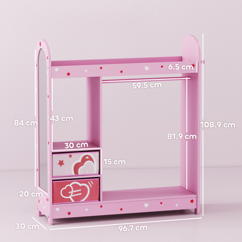 AIYAPLAY Kids Clothes Rail, Kids Wardrobe with Mirror, Shelves, Fabric Storage and Hooks for Bedroom, Nursery, Pink