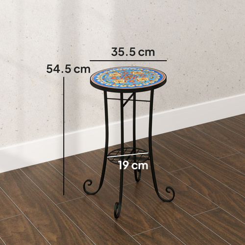 Outsunny Mosaic Garden Table, 35.5 cm Round Outdoor Table with Shelf, Ceramic Tile Top, Small Garden Side Table Bistro Table End Table Plant Stand for Indoor, Patio, Balcony, Blue