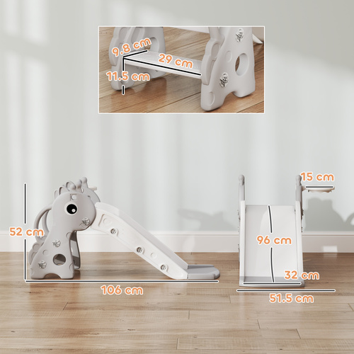 AIYAPLAY 3 in 1 Kids Slide with Climber, Basketball Hoop and Ball, Giraffe Shape Climber Slide for Indoor Kids Age 1-3, Grey