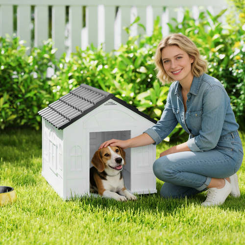 PawHut Plastic Weather-Resistant Dog House, for Indoors and Outdoors, Medium Dogs - Grey