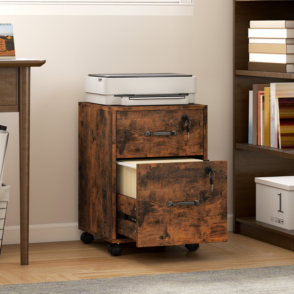 HOMCOM Rolling File Cabinet with 2 Drawers, Mobile Filing Cabinet with Hanging File Folder for Letter Sized Documents, Rustic Brown