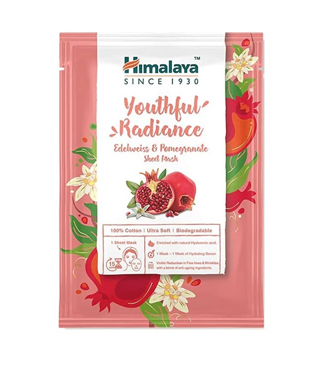 Himalaya Youthful Radiance Sheet Mask Odmładzająca Maska na Tkaninie z Szarotką Górską i Granatem dla Skóry Dojrzałej 30ml