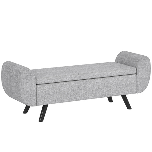 HOMCOM Storage Ottoman with Armrest, Upholstered Linen Storage Bench, Window Seat with Rubberwood Legs, Footstool for Bedroom Living Room, Hallway, Dark Grey