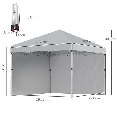 Outsunny 3 x 3 m Pop Up Gazebo, UPF 30+ Party Tent with 2 Sidewalls, Weight Bags and Wheeled Bag, Light Grey