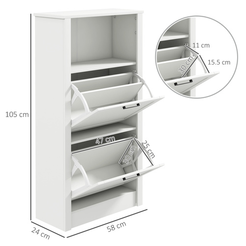 HOMCOM Modern Shoe Cabinet with 2 Flip Drawers and Adjustable Shelves, Narrow Shoe Storage Cabinet with Open Compartment, Holds 10 Pairs for Entryway, Hallway, White