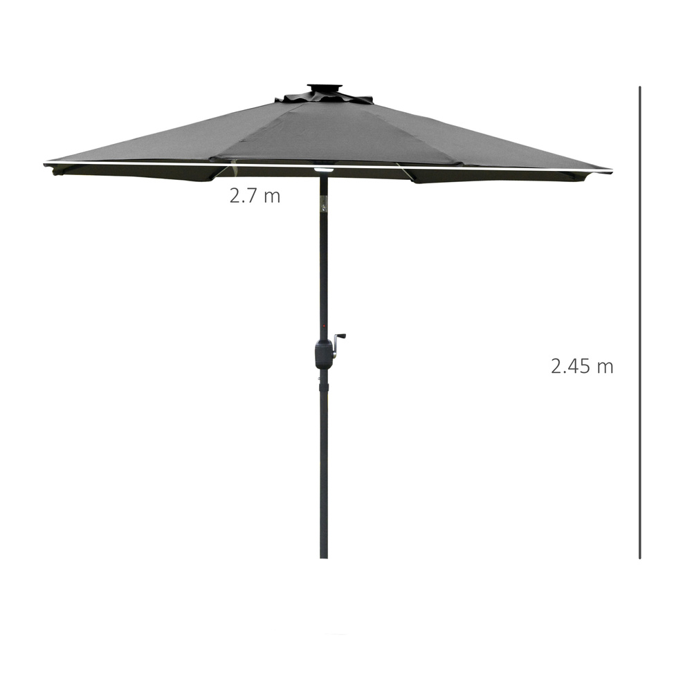 Outsunny 2.7m Garden Parasol Sun Umbrella w/ LED Solar Light Angled Canopy Grey