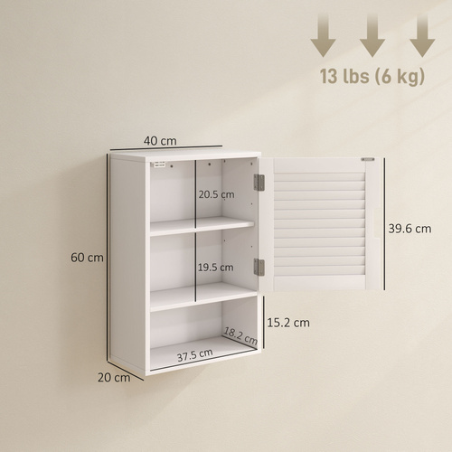 HOMCOM Bathroom Cabinet, Wall Mounted Storage Cabinet with Adjustable Shelves, 40 x 20 x 60 cm, White