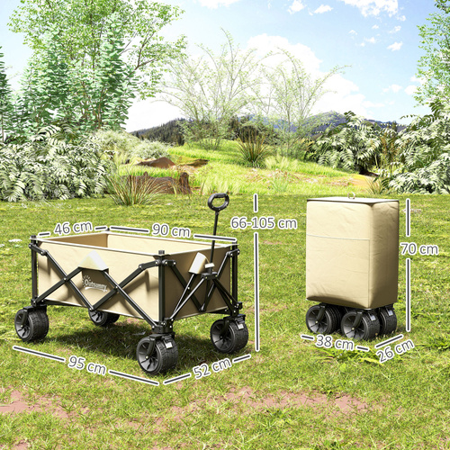 Outsunny Folding Garden Trolley, Outdoor Wagon Cart with Carry Bag, for Beach, Camping, Festival, 120KG Capacity, Khaki