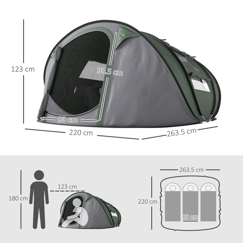 Outsunny 4 Person Pop-up Camping Tent Family Tent with Ground Sheet, 4 Windows and Portable Carry Bag for Beach Outdoor Trip, Dark Green