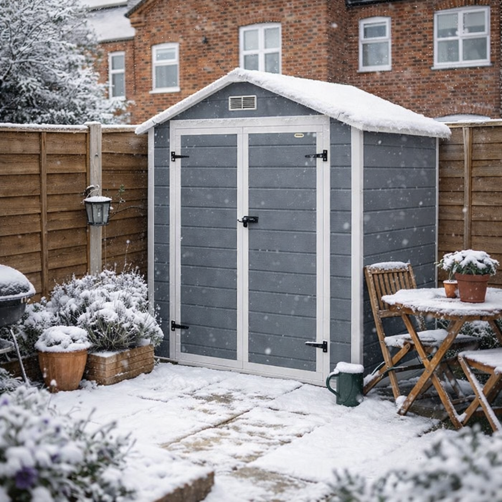 Outsunny 6x4.5ft Garden Storage Shed, Lockable Shed for Small Terraced Gardens with Double Doors, Window, Vent and Plastic Roof, Low Maintenance, Grey