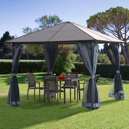 Outsunny 3m x 3m Hardtop Metal Frame Gazebo with 4 curtains, 100 kg Snow Load Capacity, Black