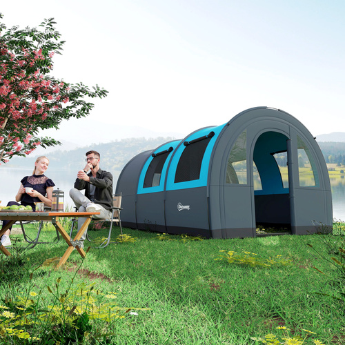 Outsunny Six Man Duo Room Tunnel Tent, with Accessories - Grey/Blue