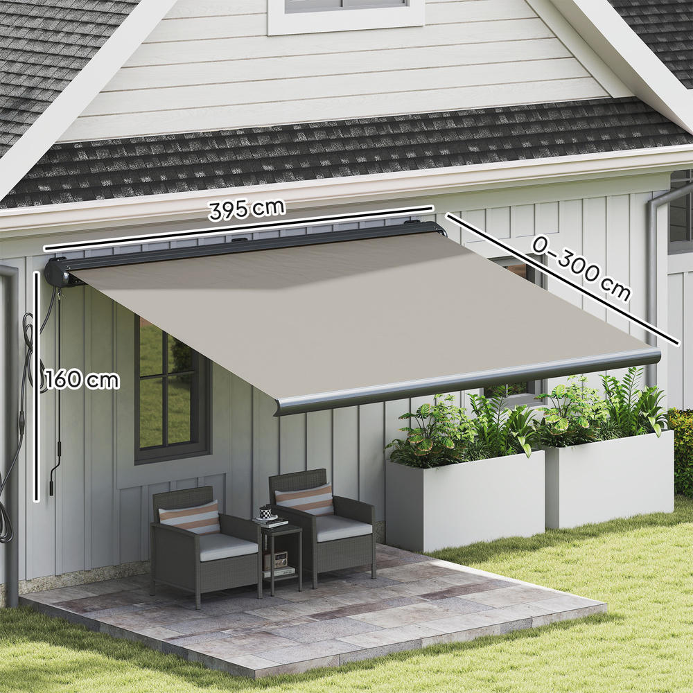 Outsunny 4 x 3(m) Full Cassette Electric Awning with Remote Controller, Aluminium Frame DIY Retractable Garden Awning, UPF50+ Sun Shade Canopy for Deck Door Window, Light Grey