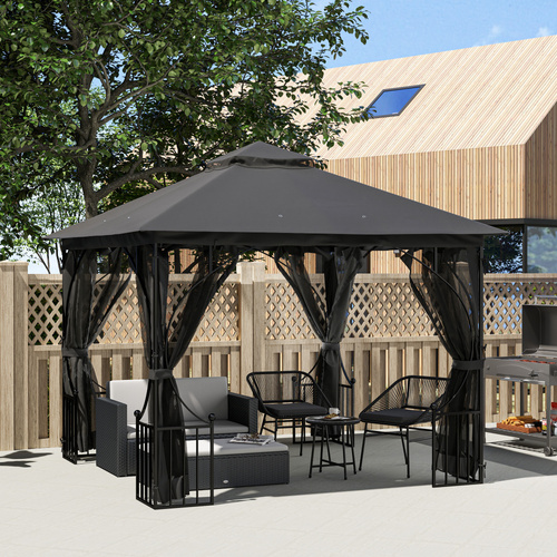 Outsunny 3 x 3m Garden Gazebo Patio Party Tent Shelter Outdoor Canopy Double Tier Sun Shade with Metal Frame and Netting, Dark Grey