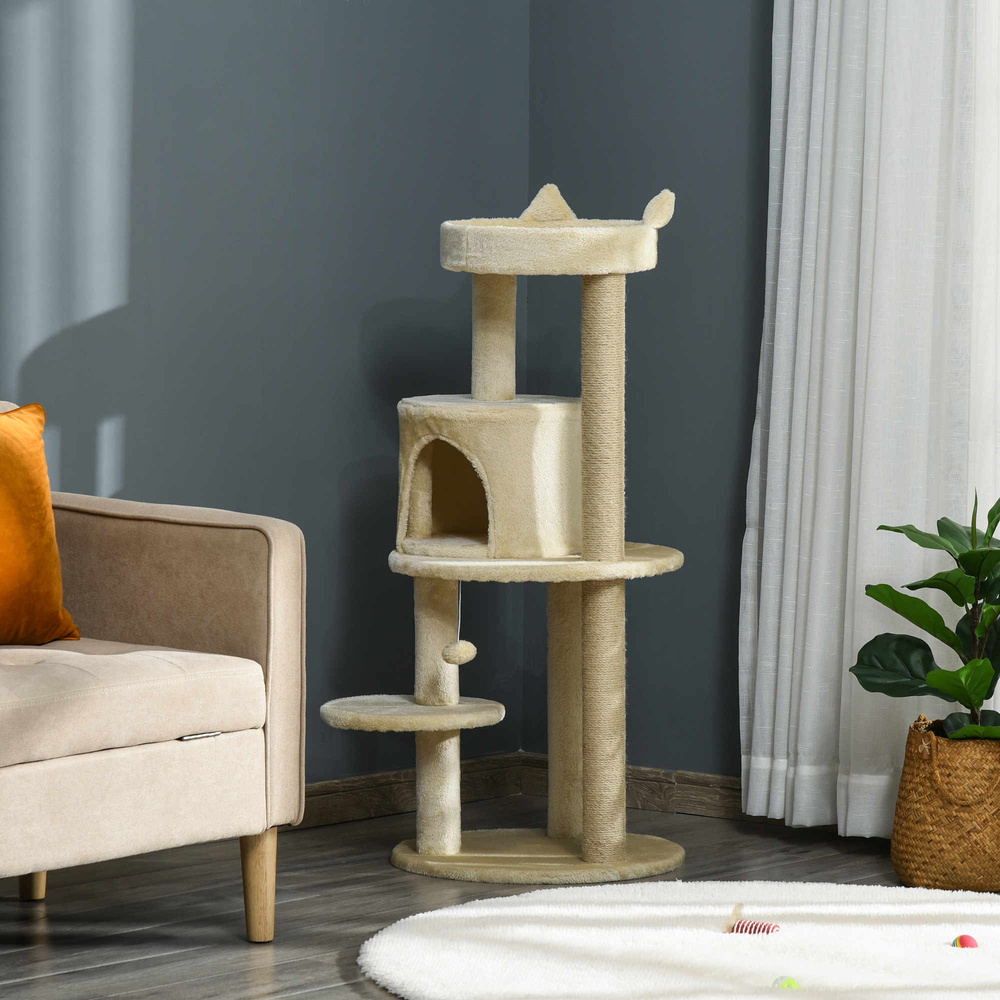 PawHut 104 cm Cat Tree, Cat Condo Tree Tower, Cat Activity Centre with Scratching Posts, Plush Perches, Hanging Ball - Cream White