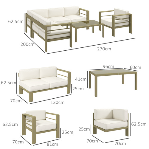 Outsunny 5-Piece Garden Corner Sofa Set with Cushions, 6 Seater Aluminium Garden Furniture Set with Glass Top Coffee Table, Patio Sectional Conservatory Furniture for Patio & Terrace, Gold Tone