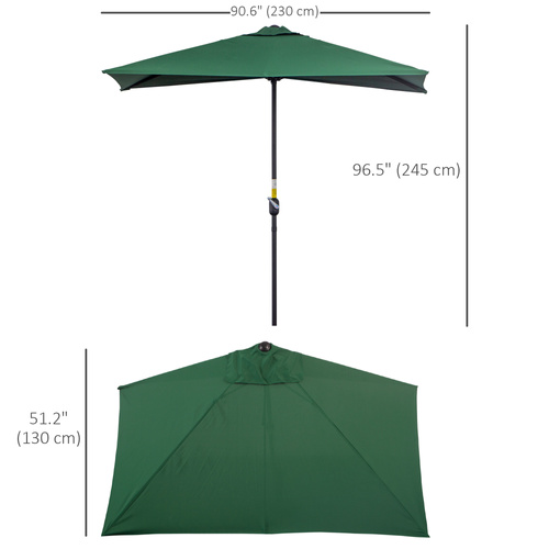 Outsunny Balcony Half Parasol Semi Round Umbrella Patio Crank Handle (2.3 m, Green)- NO BASE INCLUDED